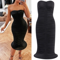 Sexy Strapless Circle Hem Solid Color Slim Fit Wrinkled Dress