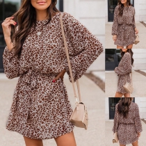 Fashion Lantern Sleeve Round Neck Tie-belt Leopard Printed Dress