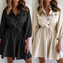 OL Style 3/4 Sleeve POLO Collar Single-breasted Drawstring Waist Shirt Dress