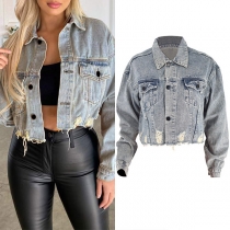 Chic Style Long Sleeve POLO Collar Ripped Short-style Denim Coat
