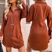 OL Stil Långärmad Skjortklänning med POLO-Krage och Enfärgad Design