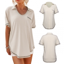 Casual Style Kortärmad POLO Krage Arc Fåll Lös T-shirt