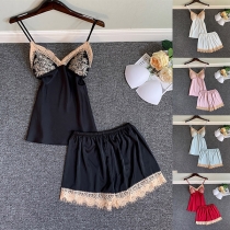 Sexy Backless V-neck Lace Spliced Sling Top + Shorts Nightwear Set