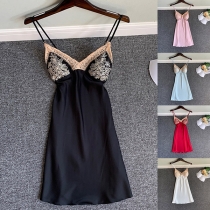 Sexy Backless V-neck Lace Spliced Faux Silk Sling Nightwear Dress