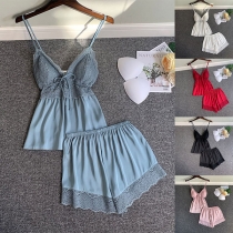 Sexy Backless V-neck Lace Spliced Sling Top + Shorts Faux Silk Nightwear Set