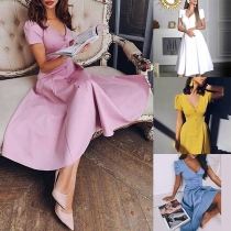 Elegant Solid Color Puff Sleeve V-neck High Waist Slim Fit Dress