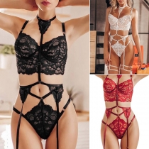 Sexig spets push-up halter underkläder set i tre delar