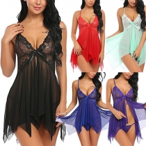 Sexy Backless V-neck Lace Spliced Irregular Hem Sling Top + Low-waist Briefs Nightwear Set