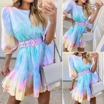 Sweet Style Half Sleeve Round Neck Ruffle Hem Tie-die Printed Dress