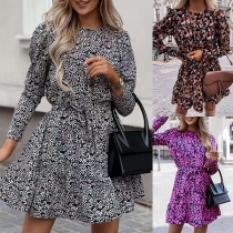 Sweet Style Long Sleeve Round Neck Ruffle Hem Printed Dress