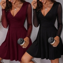 Sexy Gauze Spliced Long Sleeve V-neck High Waist Dress