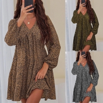 Sexy V-neck Lantern Sleeve Leopard Printed Loose Dress