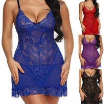 Sexy Backless V-neck Sheer Lace Sling Nightwear Dress