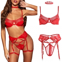 Sexy Lace Spliced See-through Gauze Lingerie Four-piece Set