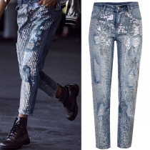 Mode Bling-Bling Paljett Splitsade Distressed Holes Låg midja ankel Jeans