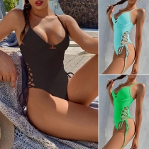 Sexy Backless V-neck Solid Color Sling One-piece Swimsuit