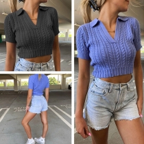 Fashion Solid Color Short Sleeve V-neck Knit Crop Top