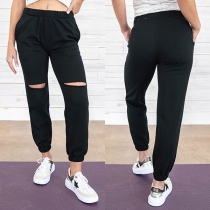 Casual Solid Color Ripped Pants