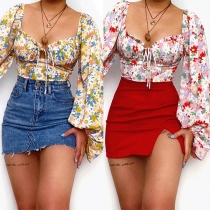 Sexy Floral Printed Self-tie Scoop Neck Lantern Sleeve Shirt