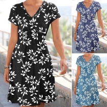 Casual Floral Printed V-neck Short Sleeve Summer Dress