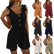 Casual Romper med enfärgad V-ringad design och söta Bowknot detaljer
