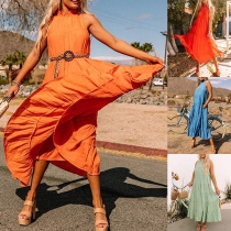 Casual Solid Color Mock Neck Sleeveless Loose Tiered Dress