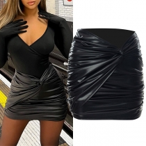 Snygg Ruched konstläder PU Slim Fit kjol