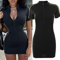 Sporty Contrast Color Stripe Printed Mock Neck Zipper Shirt Dress