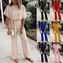 Mode enfärgad Jumpsuit med Batwing-ärmar och självknut, breda ben