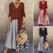 Casual V-neck Elbow Sleeve Contrast Color Plaid Stripe Printed Maxi Dress