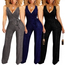 Sexig V-ringad Ärmlös Self-tie Glittrande Ribbad Jumpsuit