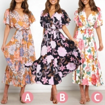 Bohemia Style Floral Printed Ruffled-Sleeve V-neck Midi Dress