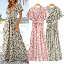 Bohemian Style Floral Print Self-tie Plunge V-neck Ruffle Short Sleeve Wide-leg Jumpsuit