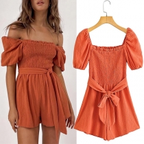 Casual Off-the-shoulder Short Sleeve Self-tie Smocked Romper