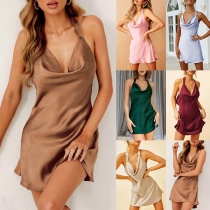 Sexy Solid Color Cowl Neck Halter Dress
