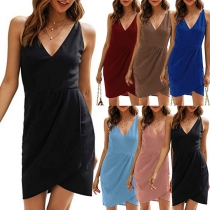 Sexy Solid Color V-neck Sleeveless Irregular Hemline Dress