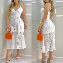 Sexy Crochet Lace Buttoned Self-tie V-neck Slip Dress
