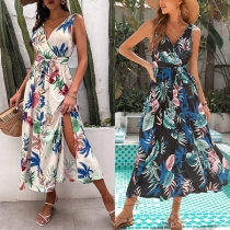 Bohemia Style Floral Printed V-neck Sleeveless Belt-tie Wrap Dress