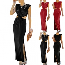 Sexy Solid Color Round Neck Sleeveless Cutout Slit Dress