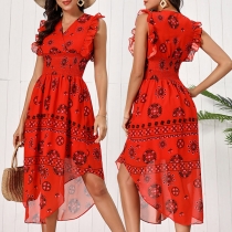 Vintage Floral Printed Ruffle Sleeveless V-neck Irregular Hemline Smocked Dress