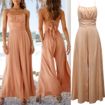 Fashion Solid Color Runched Back-tie Bowknot High Waist Wide-leg Cami Jumpsuit