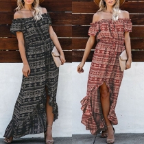 Bohemia Style Floral Printed Off-the-shoulder Hight-low Hemline Dress