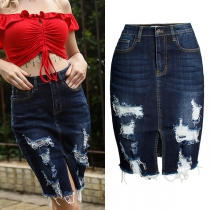 Casual Heavy Distreeted Slit Denim Skirt