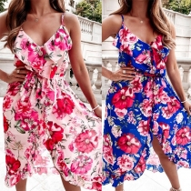 Fashion Floral Printed Ruffled V-neck Slip Dress