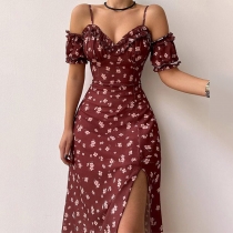 Sexy Floral Printed Slit Short Sleeve Open-shoulder Slip Dress