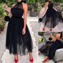 Sexy Sleeveless Dot Printed Backless Halter Midi Dress