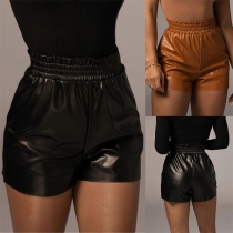 Fashion Solid Color Artificial Leather PU High Waist Shorts