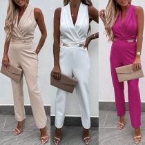 Mode Enfärgad Lapel V-ringad Rygglös Cross-Criss Jumpsuit