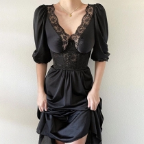 Fashion Lace Spliced V-neck Elbow-sleevee Midi-dress