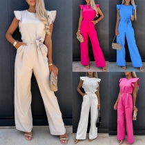 Mode enfärgad jumpsuit med volangärm, självknytande och vida ben